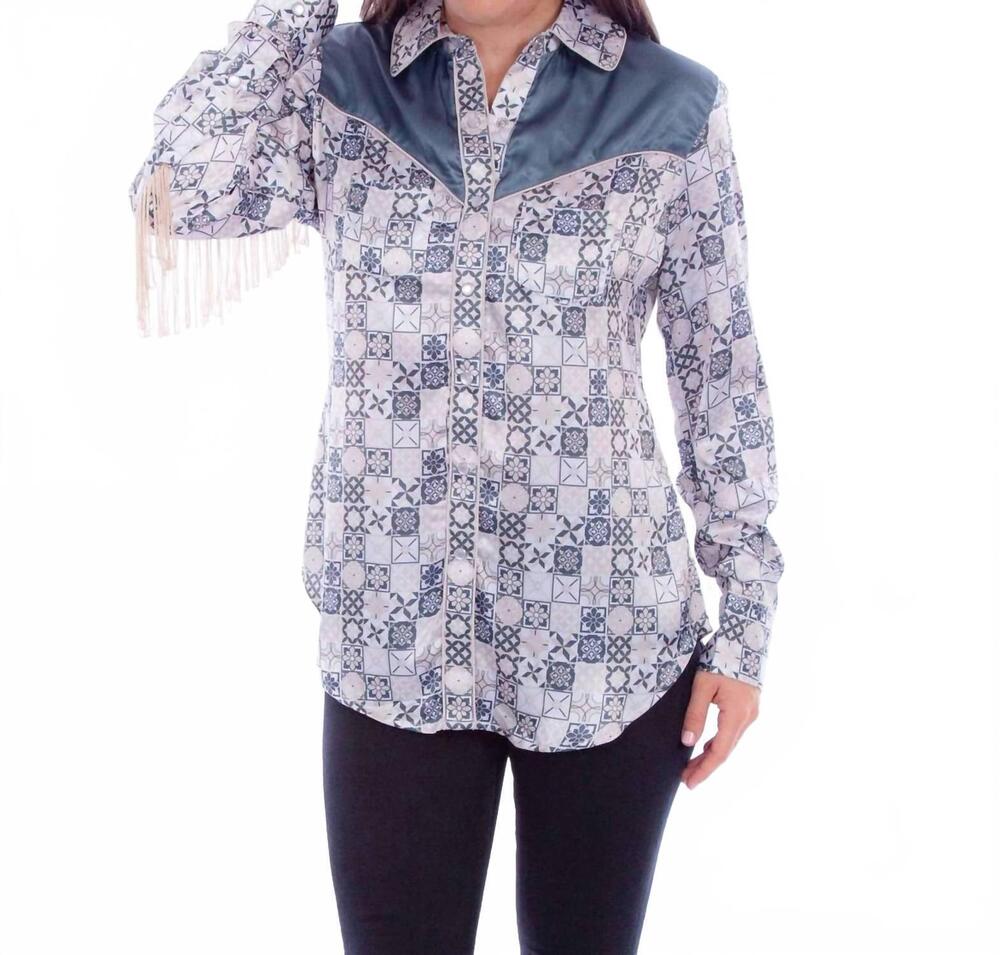 NEW SCULLY leather long sleeve fringe top in ivory multi